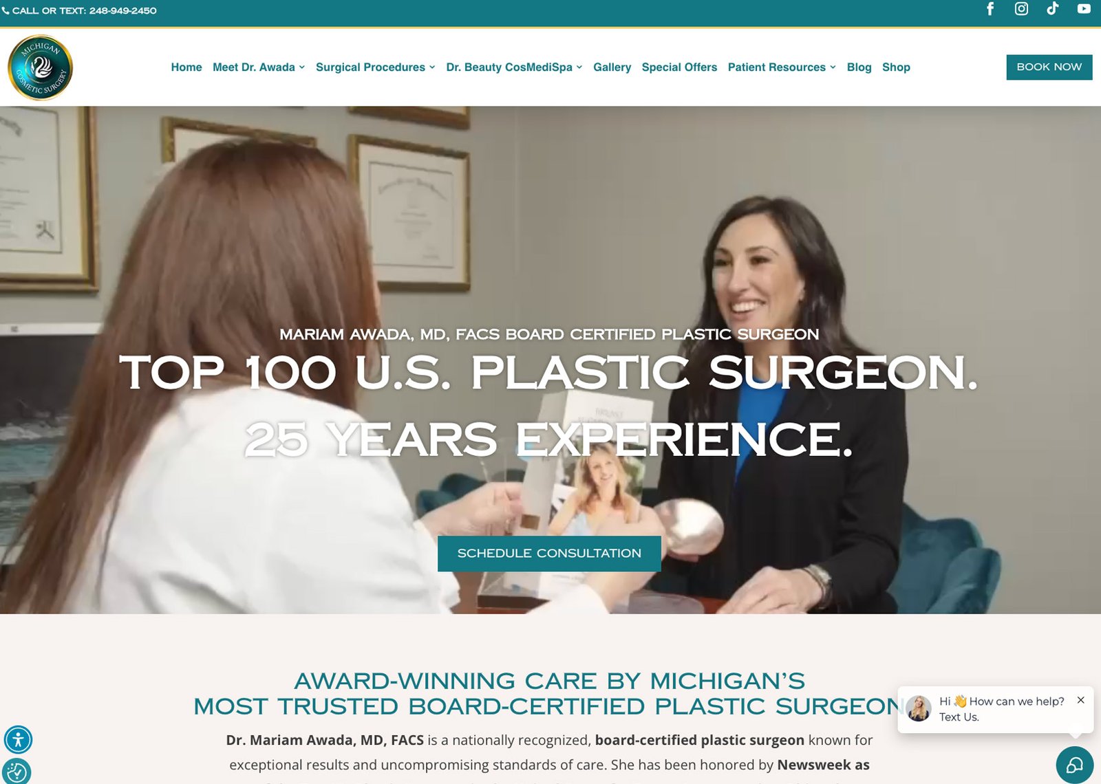 Homepage screenshot of Michigan Cosmetic Surgery website